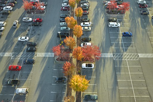 Aerial photo of a parking lot.